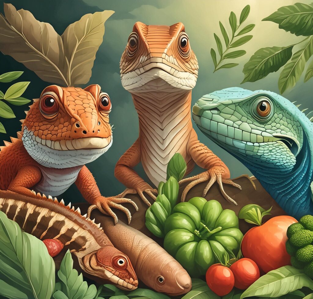 An AI-generated image showcasing Herbivorous, Omnivorous, and Carnivorous Reptiles striking poses alongside their respective meals.